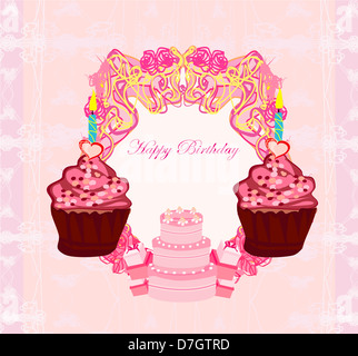 Illustration der niedliche Retro-Cupcakes Karte - Happy Birthday Card Stockfoto