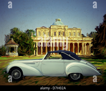 Digitale Kunst: Klassische Delahaye 135-MS-Roadster (1939) und Zimmer in Cheltenham Pittville Pump Stockfoto