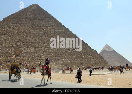 Kameltreiber und Touristen vor den Pyramiden, Gizeh, Ägypten, Nordafrika Stockfoto