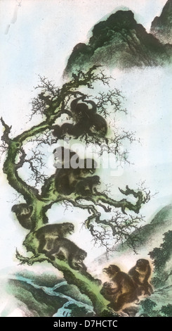 Dieses Gemälde aus dem 17. Jahrhundert von Sosen zeigt Affen auf einem Baumkeil, ein klassisches Beispiel japanischer Kunst, die sich auf Tiere und natürliche Objekte konzentriert. Die Liebe zum Detail und die spielerische Komposition des Künstlers verdeutlichen die Schönheit der Natur in Japan. Stockfoto