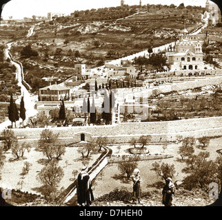 Dieses Bild zeigt den Garten Gethsemane, der sich auf dem Ölberg in Jerusalem befindet. Es ist ein bedeutender Ort in der christlichen Tradition, verbunden mit Jesu Gebeten vor seiner Kreuzigung. Stockfoto