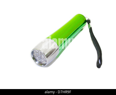 Eine grüne LED-Taschenlampe isoliert auf weißem Hintergrund Stockfoto