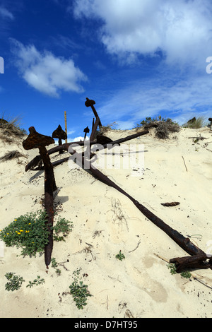 Sammlung von rostigen Anker auf Barril Strand, Insel Tavira, Portugal Stockfoto