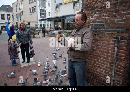 Füttern von Tauben in Dordrecht, Holland Stockfoto