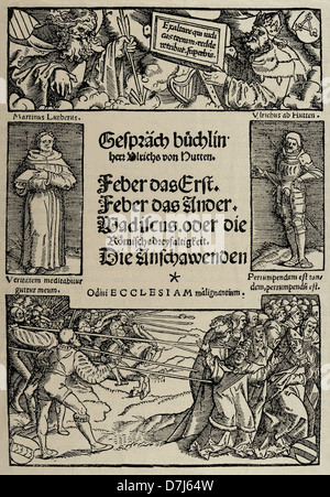 Ulrich von Hutten (1488-1523). Deutscher Schriftsteller und Theologe. Faksimile des Deckels der Broschüre Gespräche. Gravur. Stockfoto