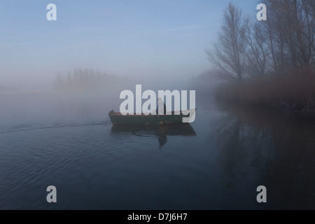 Mann im Nebel im Nationalpark "de Biesbosch" in Holland Stockfoto