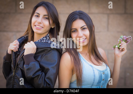 Zwei wunderschöne Mischlinge Twin Sisters Portrait im Freien. Stockfoto