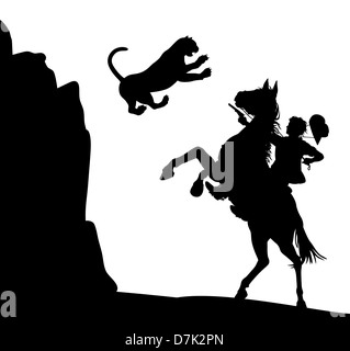 Beispiel für einen Berglöwen springen nach unten auf ein Cowboy zu Pferd Stockfoto