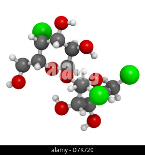 Süßstoff Sucralose, Molekülmodell. Atome werden als Kugeln mit konventionellen Farbkodierung dargestellt. Stockfoto