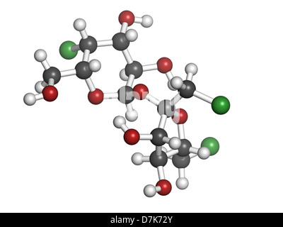 Süßstoff Sucralose, Molekülmodell. Atome werden als Kugeln mit konventionellen Farbkodierung dargestellt. Stockfoto