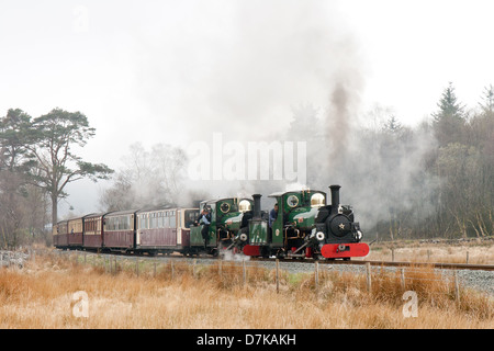 Eine Dampflok zieht einen Personenzug der Eisenbahn wieder auf der Welsh Highland Line Railway, Wales Stockfoto