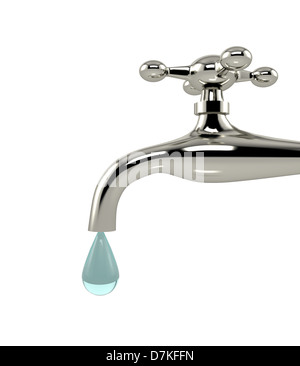 Tropfenden Wasserhahn mit Tropfen auf weißem Hintergrund Stockfoto