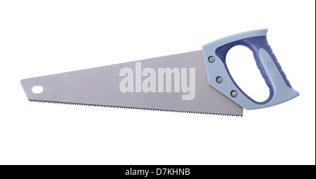 blaue Kunststoff behandelt Handsäge isoliert auf weiss Stockfoto