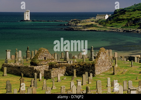 Kilnaughton Kapelle und Carraig Fhada Leuchtturm in der Nähe von Port Ellen auf der Isle of Islay Stockfoto