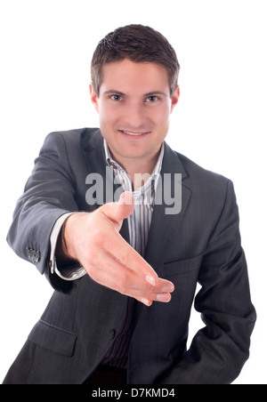 junger Geschäftsmann schütteln Hand vor weißem Hintergrund Stockfoto