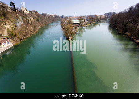 Zwei Flüsse Kreuzung, die Rhone und Arve, in Genf, Schweiz Stockfoto