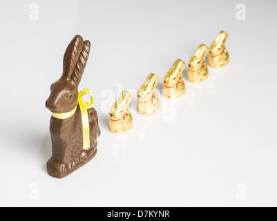 Große Schoko Osterhase mit kleineren Schokohasen hintereinander aufgereiht. Studio Isolated on White mit Reflexion. Teil einer Serie. Stockfoto