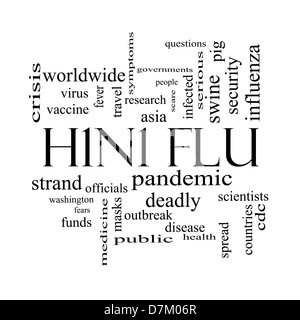 H1N1-Grippe Word Cloud-Konzept in schwarz und weiß mit großen Begriffe wie Fieber, Asien, Ausbruch der Pandemie, und vieles mehr. Stockfoto