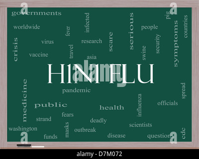 H1N1-Grippe Word Cloud-Konzept auf einer Tafel mit großen Begriffe wie Fieber, Asien, Ausbruch der Pandemie, und vieles mehr. Stockfoto