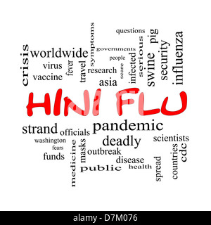 H1N1-Grippe Word Cloud-Konzept im roten Kappen mit großen Begriffe wie Fieber, Asien, Ausbruch der Pandemie, und vieles mehr. Stockfoto