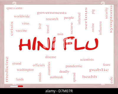 H1N1-Grippe Word Cloud-Konzept auf einem Whiteboard mit großen Begriffe wie Fieber, Asien, Ausbruch der Pandemie, und vieles mehr. Stockfoto