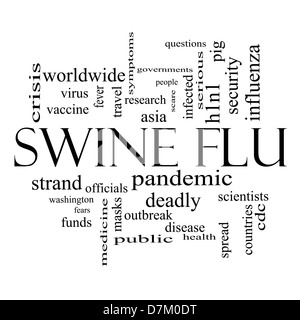 Swine Flu Word Cloud-Konzept in schwarz und weiß mit großen Begriffe wie Fieber, Asien, Ausbruch der Pandemie, und vieles mehr. Stockfoto