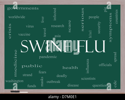 Swine Flu Word Cloud-Konzept auf einer Tafel mit großen Begriffe wie Fieber, Asien, Ausbruch der Pandemie, und vieles mehr. Stockfoto