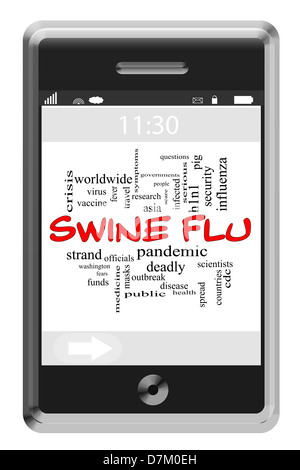 Swine Flu Word Cloud Konzept des Touchscreen-Handy mit großen Begriffe wie Ausbruch, Virus, Angst, Krankheit und vieles mehr. Stockfoto