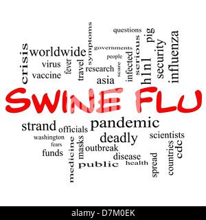 Swine Flu Word Cloud-Konzept im roten Kappen mit großen Begriffe wie Fieber, Asien, Ausbruch der Pandemie, und vieles mehr. Stockfoto