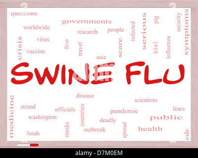 Swine Flu Word Cloud-Konzept auf einem Whiteboard mit großen Begriffe wie Fieber, Asien, Ausbruch der Pandemie, und vieles mehr. Stockfoto