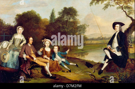 Arthur Devis, Porträt einer Familie, die traditionell bekannt als Swaine Familie von Fencroft, Cambridgeshire 1749 Öl auf Leinwand. Stockfoto