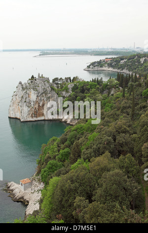 Die alte Burg von Duino mit Blick auf die Adria-Küste von Nord-Italien. Stockfoto