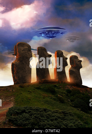 UFOs über Ostern Insel, Kunstwerk Stockfoto