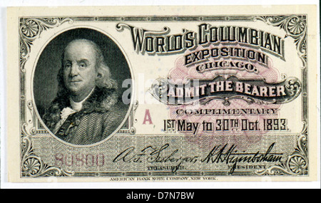 Dieses Ticket für die Chicago World's Columbian Exposition aus dem Jahr 1893 zeigt ein Porträt von Benjamin Franklin. Sie wurde während einer der bedeutendsten Weltmessen der amerikanischen Geschichte herausgegeben. Stockfoto