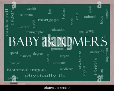 Baby-Boomer Word Cloud-Konzept auf einer Tafel mit großen Begriffe wie Generation, größten, demographischen und vieles mehr. Stockfoto