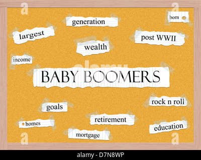 Baby-Boomer Pinnwand Wort Konzept mit großen Begriffe wie Generation, Reichtum, Ruhestand und vieles mehr. Stockfoto
