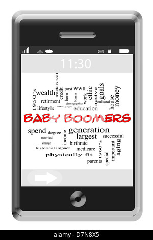 Baby-Boomer Word Cloud Konzept des Touchscreen-Handy mit großen Begriffe wie Generation, Reichtum, größte und vieles mehr. Stockfoto