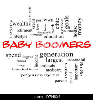 Baby-Boomer Word Cloud-Konzept in roten Kappen mit großen Begriffe wie Generation, größten, demographischen und vieles mehr. Stockfoto