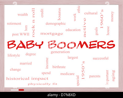 Baby-Boomer Word Cloud-Konzept auf einem Whiteboard mit großen Begriffe wie Generation, größten, demographischen und vieles mehr. Stockfoto