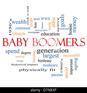 Baby-Boomer Word Cloud-Konzept mit großen Begriffe wie Generation, größten, demographischen und vieles mehr. Stockfoto