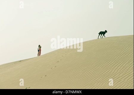 Eine typische "Wüste Hund", ein schwarzer Saluki überqueren und die Kinder spielen auf Sanddünen in der Wüste, Abu Dhabi Stockfoto