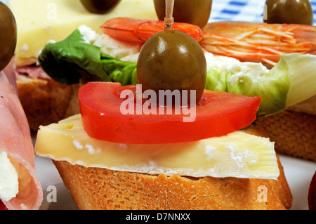 Spanische Tapas-Auswahl, mit Käse und Tomaten, garniert mit grünen Oliven und serviert auf knusprigem Brot im Vordergrund. Stockfoto