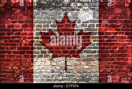 Kanada-Flagge auf alten Ziegel Wand Textur Hintergrund gemalt Stockfoto