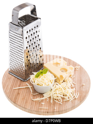Emmentaler mit Käsereibe isoliert auf weißem Hintergrund Stockfoto