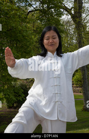 Tai Chi Kurse in Preston, Großbritannien Mai 2013. Feixia Yu Direktorin, Uclan Confuzius Institute, demonstriert die taoistische Tai Chi Kunst in der chinesischen Sprache und beim Sport eine Bewegung, Lifestyle, Freizeit, weibliche kulturelle Veranstaltung, die im Avenham Park veranstaltet wird, organisiert vom Konfuzius Institut, das eine Partnerschaft zwischen der University of Central Lancashire und der Beijing International Studies University ist. Der Direktor des UCLan Konfuzius Instituts Feixia Yu kommentierte: „das Festival bietet die Möglichkeit, neue Sprachkenntnisse zu erlernen und Chinas Traditionen mit der lokalen Gemeinschaft zu teilen.“ Stockfoto