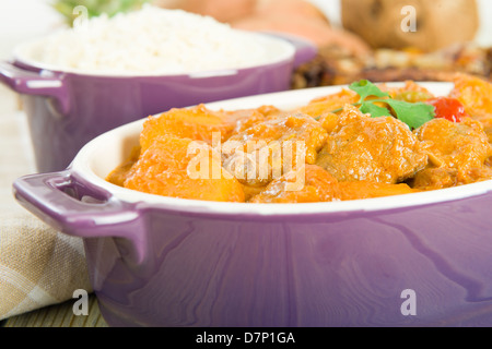 Lamm und Süßkartoffel-Erdnuss-Eintopf mit Reis serviert. Jerk Chicken. Karibik und westafrikanischen traditionelle Gerichte. Stockfoto