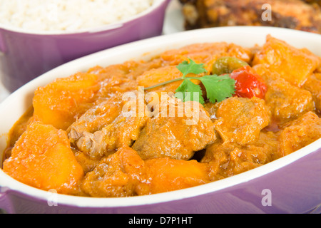 Lamm und Süßkartoffel-Erdnuss-Eintopf mit Reis serviert. Jerk Chicken. Karibik und westafrikanischen traditionelle Gerichte. Stockfoto