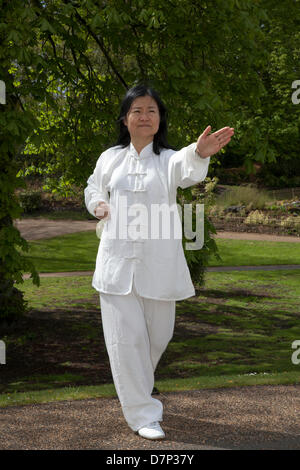 Tai Chi Kurse in Preston, Großbritannien Mai 2013. Feixia Yu Direktorin, Uclan Confuzius Institute, demonstriert die taoistische Tai Chi Kunst in der chinesischen Sprache und beim Sport eine Bewegung, Lifestyle, Freizeit, weibliche kulturelle Veranstaltung, die im Avenham Park veranstaltet wird, organisiert vom Konfuzius Institut, das eine Partnerschaft zwischen der University of Central Lancashire und der Beijing International Studies University ist. Der Direktor des UCLan Konfuzius Instituts Feixia Yu kommentierte: „das Festival bietet die Möglichkeit, neue Sprachkenntnisse zu erlernen und Chinas Traditionen mit der lokalen Gemeinschaft zu teilen.“ Stockfoto