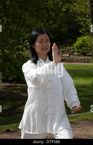 Tai Chi Kurse in Preston, Großbritannien Mai 2013. Feixia Yu Direktorin, Uclan Confuzius Institute, demonstriert die taoistische Tai Chi Kunst in der chinesischen Sprache und beim Sport eine Bewegung, Lifestyle, Freizeit, weibliche kulturelle Veranstaltung, die im Avenham Park veranstaltet wird, organisiert vom Konfuzius Institut, das eine Partnerschaft zwischen der University of Central Lancashire und der Beijing International Studies University ist. Der Direktor des UCLan Konfuzius Instituts Feixia Yu kommentierte: „das Festival bietet die Möglichkeit, neue Sprachkenntnisse zu erlernen und Chinas Traditionen mit der lokalen Gemeinschaft zu teilen.“ Stockfoto