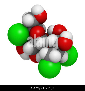 Süßstoff Sucralose, Molekülmodell. Atome werden als Kugeln dargestellt. Stockfoto